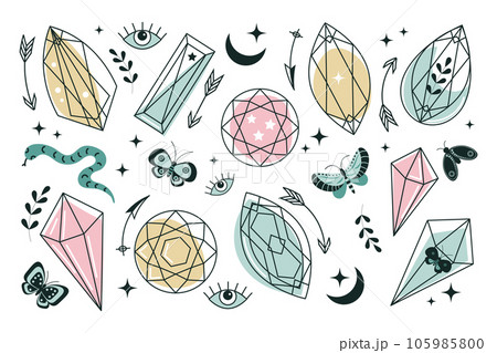 Set of line art minerals, crystals, eyes, gems, moths, butterflies, moon, stars. Magic fairy tale on the theme of Halloween. Magic elements. Vector 105985800