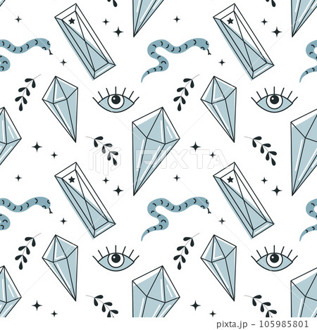 Magic seamless pattern, minerals, crystals, eye, gems, moths, butterflies, moon, stars. Magic fairy tale background. Vector 105985801