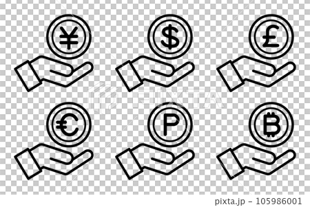 お金のコインと手のアイコン(円・ドル・ユーロ・ポンド・ビットコイン・ポイント) お金のコインと手のアイコン(円・ドル・ユーロ・ポンド・ビットコイン・ポイント) 105986001