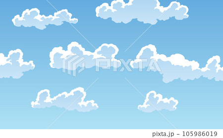 Cartoon clouds landscape light background. Cloudscape in blue sky, white cloud illustration. Blue sky panorama, vector pattern 105986019