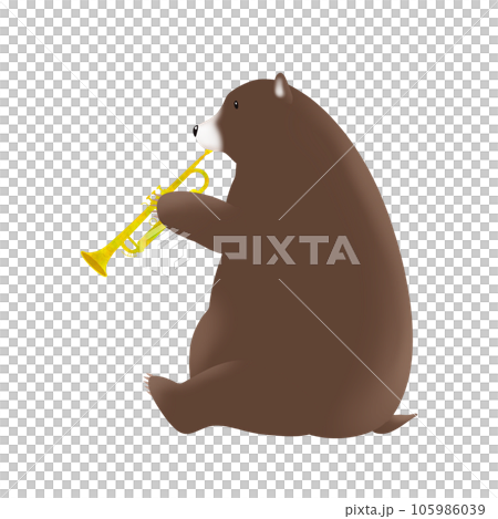 Illustration of a bear happily blowing a trumpet 105986039