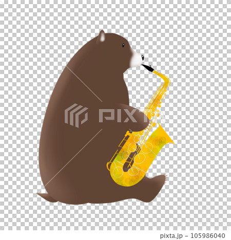 Illustration of a bear happily blowing a saxophone 105986040