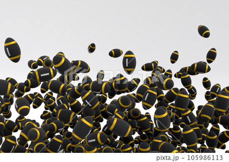 Many of flying black american football ball falling on white background 105986113