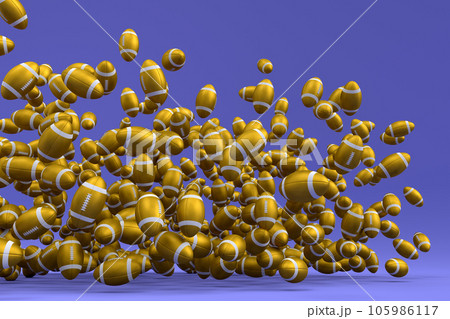 Many of flying gold american football ball falling on violet background Many of flying gold american football ball falling on violet background 105986117
