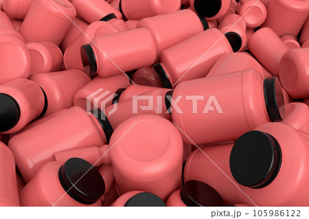 Pile of plastic jar for sport nutrition protein powder on white background 105986122