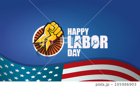 labor day Usa vector label or horizontal background. vector happy labor day poster or horizontal banner with clenched fist isolated on usa flag background . Labor union icon 105986903