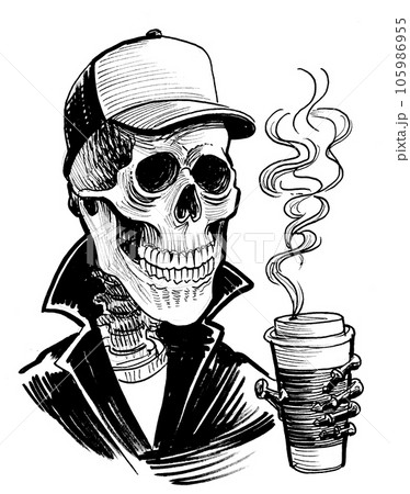 Skeleton drinking a paper cup of coffee 105986955