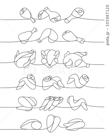 Fresh chicken meat one line continuous drawing. Raw chicken meat parts continuous one line illustration. Vector minimalist linear illustration. Fresh chicken meat one line continuous drawing. Raw chicken meat parts continuous one line illustration. Vector minimalist linear illustration. 105987120