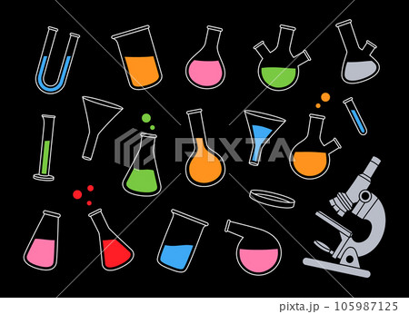 Laboratory glassware. Set of laboratory glasses for chemistry experiments. Conical flask, glass beaker, U tube, round bottom flask, microscope. 105987125