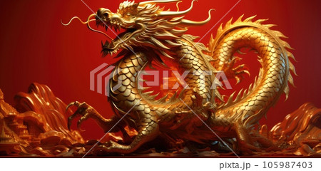 2024 Lunar New Year. dragon gold on red. Asian style design. Concept holiday card, banner, poster, decor. AI-generated content. 105987403