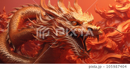2024 Lunar New Year. dragon gold on red. Asian style design. Concept holiday card, banner, poster, decor. AI-generated content. 105987404