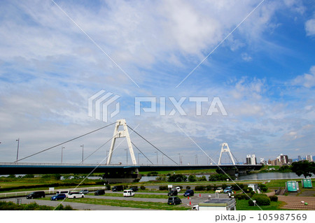 淀川河川公園太子橋地区から望む豊里大橋 105987569