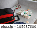 Summer beach accessories for your sea holiday and pills. Concept of medication required in journey. 105987600