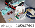 Summer beach accessories for your sea holiday and pills. Concept of medication required in journey. 105987603