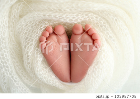 The tiny foot of a newborn baby. Soft feet of a new born in a white wool blanket. Close up of toes, heels and feet of a newborn. Knitted white heart in the legs of a baby. Macro photography. 105987708