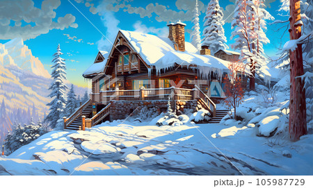 雪の積もった冬の朝の風景-Generative AIのイラスト素材 [105987729