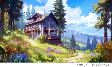 朝日に照らされる山小屋 -Generative AI 105987753