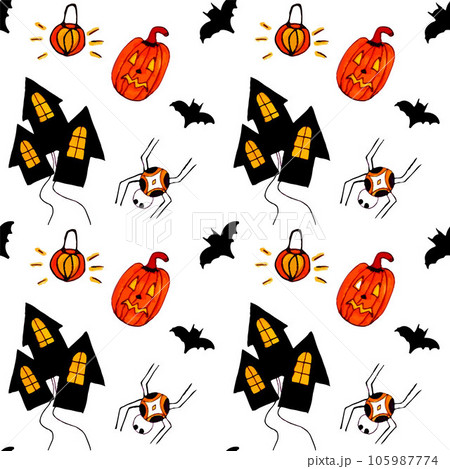 Seamless pattern Halloween with doodle elements. Hand draw halloween holiday attributes. Vector. 105987774
