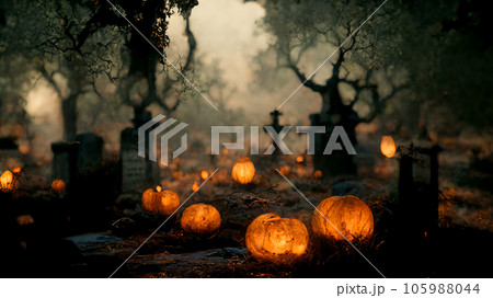 Halloween pumpkin horror in tombstones background, creepy and scary concept, digital art design, 3d rendering Halloween pumpkin horror in tombstones background, creepy and scary concept, digital art design, 3d rendering 105988044