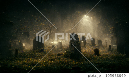 Halloween horror night in dark tombstones background, creepy and scary concept, digital art design, 3d rendering Halloween horror night in dark tombstones background, creepy and scary concept, digital art design, 3d rendering 105988049