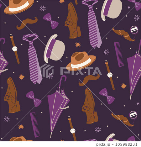 Seamless pattern with men s accessories in purple and brown colors.Vector graphics. 105988231
