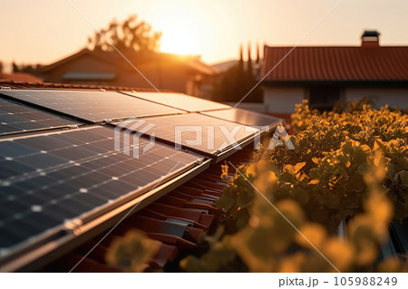 Solar panels on the roof of the house. Generative AI technology. 105988249