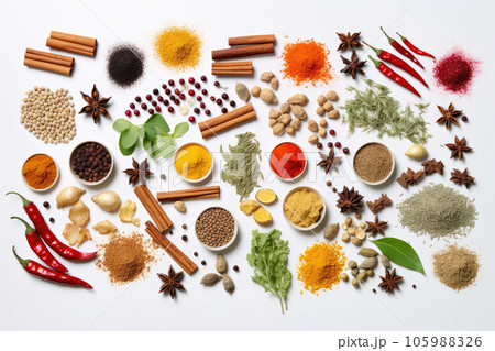 Various spices on a white background. Generative AI technology. Various spices on a white background. Generative AI technology. 105988326