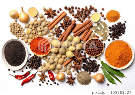Various spices on a white background. Generative AI technology. Various spices on a white background. Generative AI technology. 105988327