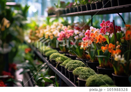 Indoor flowers in the store. Generative AI technology. 105988328