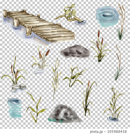 Watercolor hand drawn pier on the lake and river reeds. Watercolor illustration. Perfect for wedding invitation, greetings card, posters. Watercolor hand drawn pier on the lake and river reeds. Watercolor illustration. Perfect for wedding invitation, greetings card, posters. 105988438