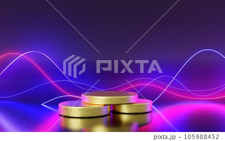 Golden podium, empty stage with neon light on water surface 3d render. Round pedestal with sound wavy lines on black background for product presentation, prize winner award ceremony. 3D illustration 105988452