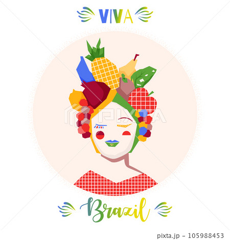 Bright happy girl in a hat with fruits.Poster viva Brazil. Vector illustration 105988453