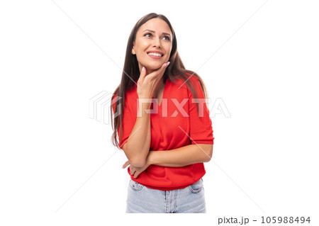 pretty caucasian woman with black hair wearing red blouse with v-neck isolated on white background pretty caucasian woman with black hair wearing red blouse with v-neck isolated on white background 105988494