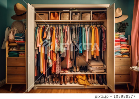 Women's clothes in the closet. Generative AI technology. 105988577