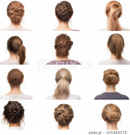 Women with different hairstyles on a white background. Generative AI technology. 105988578