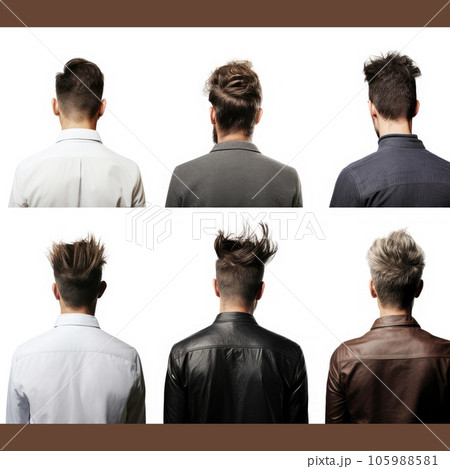 Men with different hairstyles on a white background. Generative AI technology. 105988581