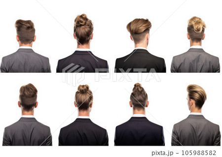 Men with different hairstyles on a white background. Generative AI technology. 105988582