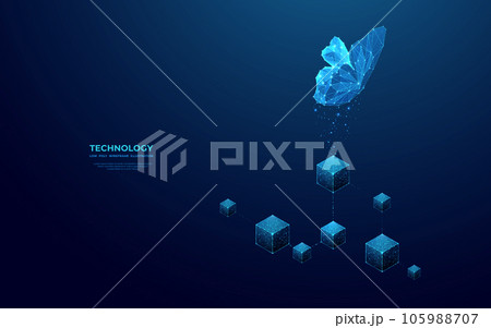 Butterfly flies over linked digital blocks. Metaverse concept. Butterfly flies over linked digital blocks. Metaverse concept. 105988707