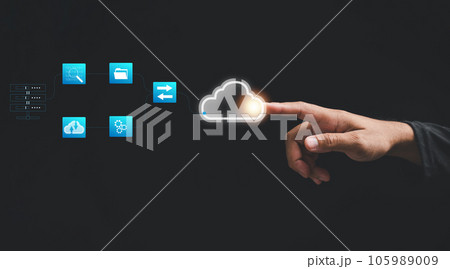 With a touch of the finger, the businessman connects to the cloud icon, unlocking the power of cloud technology document. Seamless data transfer and access to information on a digital network. With a touch of the finger, the businessman connects to the cloud icon, unlocking the power of cloud technology document. Seamless data transfer and access to information on a digital network. 105989009