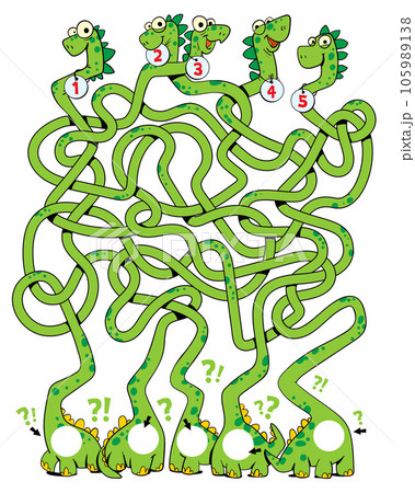 Children logic game to pass the maze. Funny dinosaurs with tangled necks 105989138