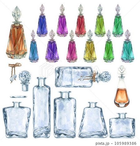 Set of watercolor vintage bottle for perfume and elixirs in fantasy games, in the alchemy laboratory, for magic potions. 105989386