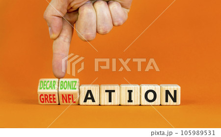 Decarbonization or greenflation symbol. Concept words Decarbonization Greenflation on cubes. Beautiful orange background. Businessman hand. Business decarbonization greenflation concept. Copy space. Decarbonization or greenflation symbol. Concept words Decarbonization Greenflation on cubes. Beautiful orange background. Businessman hand. Business decarbonization greenflation concept. Copy space. 105989531