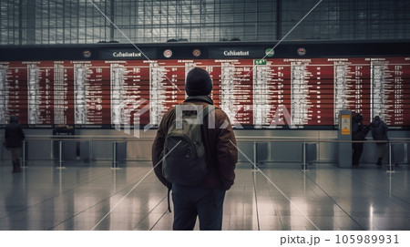 Rear view of man in hat with a backpack, against the background of a large electronic scoreboard Rear view of man in hat with a backpack, against the background of a large electronic scoreboard 105989931