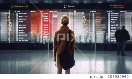 Rear view of a girl in a coat on the background of a electronic scoreboard at the airport Rear view of a girl in a coat on the background of a electronic scoreboard at the airport 105989940