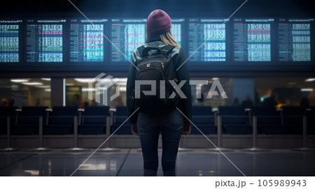 Rear view of a girl in a hat with a backpack on the background of electronic scoreboard Rear view of a girl in a hat with a backpack on the background of electronic scoreboard 105989943