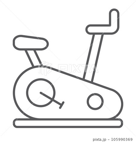 Stationary bike thin line icon, sport and equipment, exercise bicycle sign, vector graphics, a linear pattern on a white background. Stationary bike thin line icon, sport and equipment, exercise bicycle sign, vector graphics, a linear pattern on a white background. 105990369