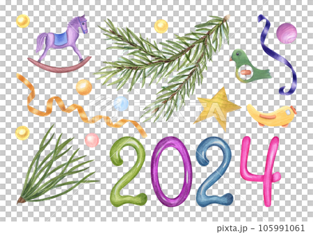 Christmas set with spruce branches, wooden kid toys, and next years numbers, twisted ribbons. Kid hobby horse, airplane, bird, twisted ribbons, Xmas tree branches, colored numbers. 105991061