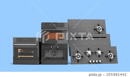 built-in electric and gas cooking surfaces and ovens 3d render on blue built-in electric and gas cooking surfaces and ovens 3d render on blue 105991442
