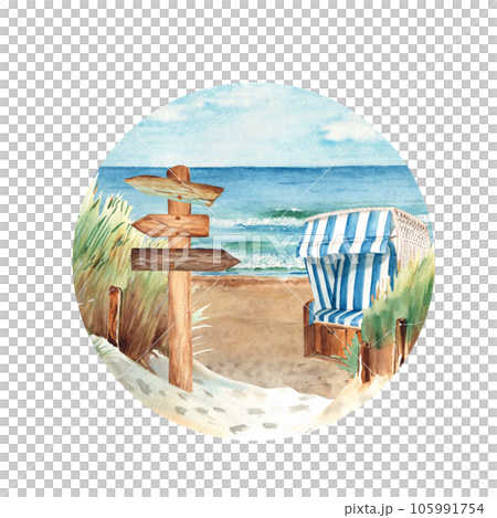 Baltic sea beach with sand dunes, hooded beach chair, Strandkorb and wooden signpost. Ostsee Panorama. Sunny Weather, blue sky with clouds. Hand drawn watercolor illustration. 105991754