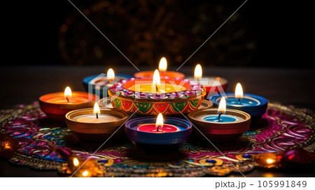 Happy Diwali. Clay Diya lamps during Diwali celebration, Hindu festival of lights celebration. 105991849